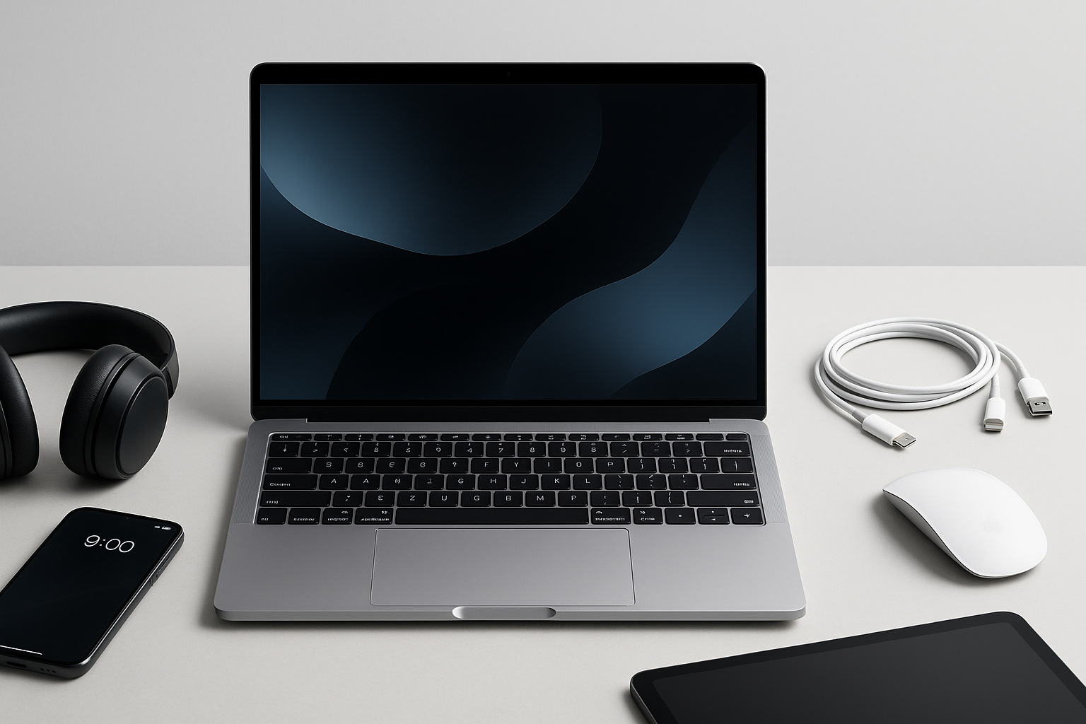 Create a wide professional hero banner for a tech store homepage. 
Show a modern workspace with a laptop, smartphone, headphones, and accessories. 
Minimal modern background, clean lighting, realistic, 1600x600 px, no text.
